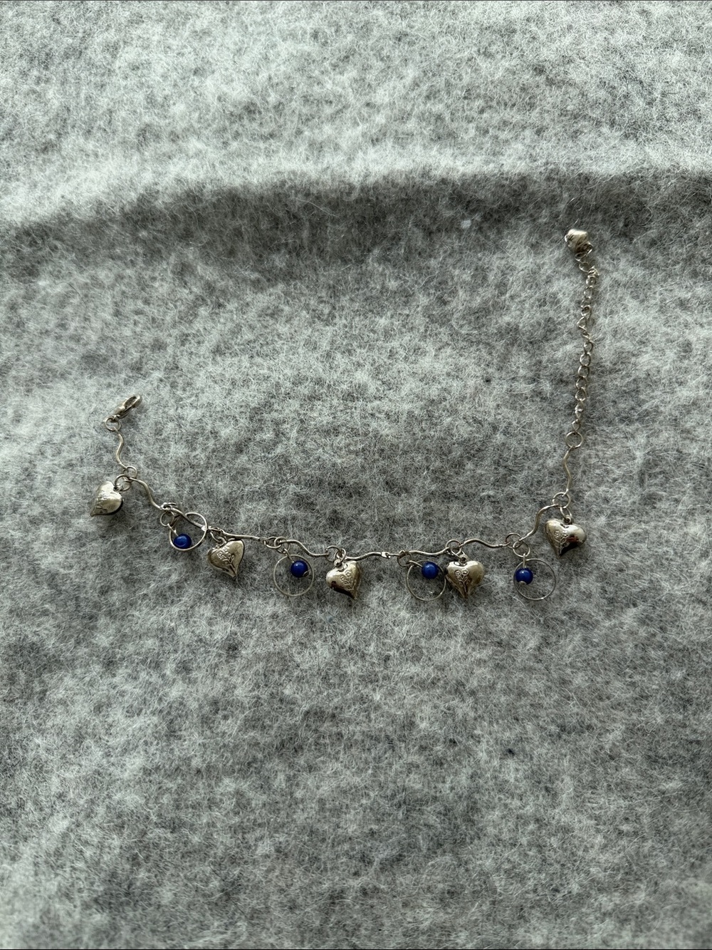 Silver Heart and Blue Bead Charm Bracelet/Anklet - Women's Jewelry